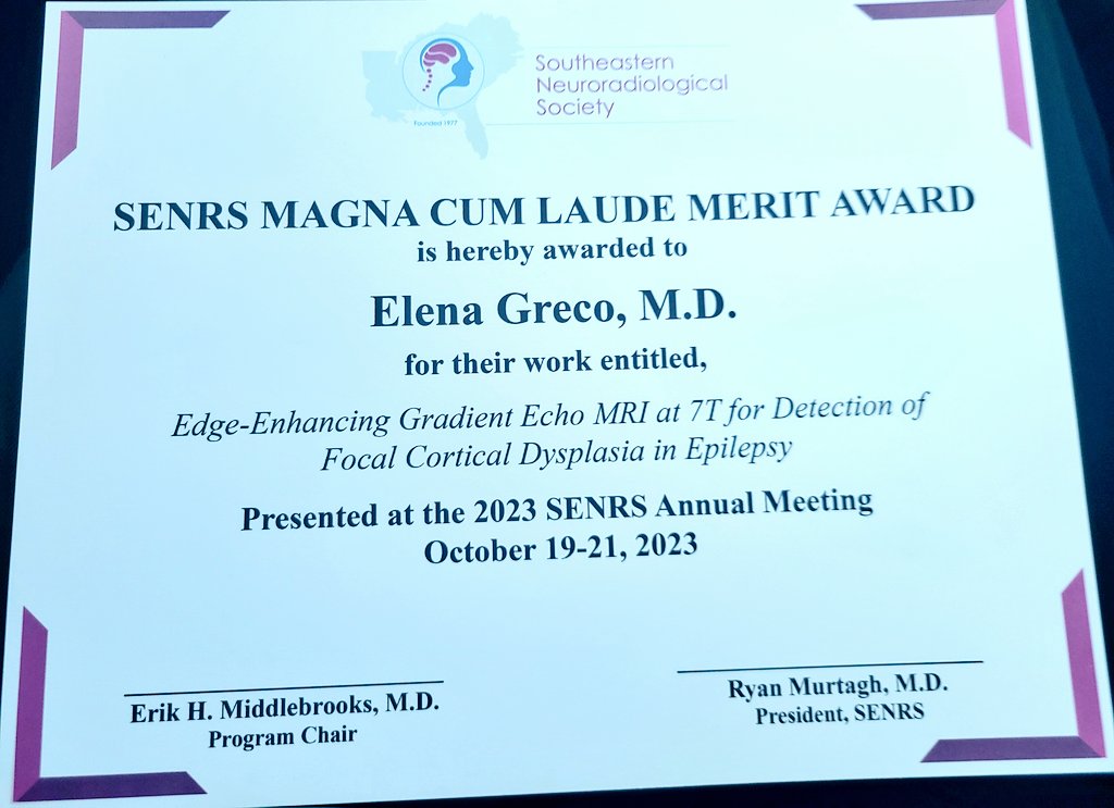 Honored to receive the #SENRS magna cum laude merit award! None of this would have been possible without the incredible guidance and support of my fantastic mentor @EMiddlebrooksMD 🙌🏻🌟 Grateful for this amazing journey! 🧠🙏🏻 @TheSENRS #MayoClinicFlorida @MayoRadiology