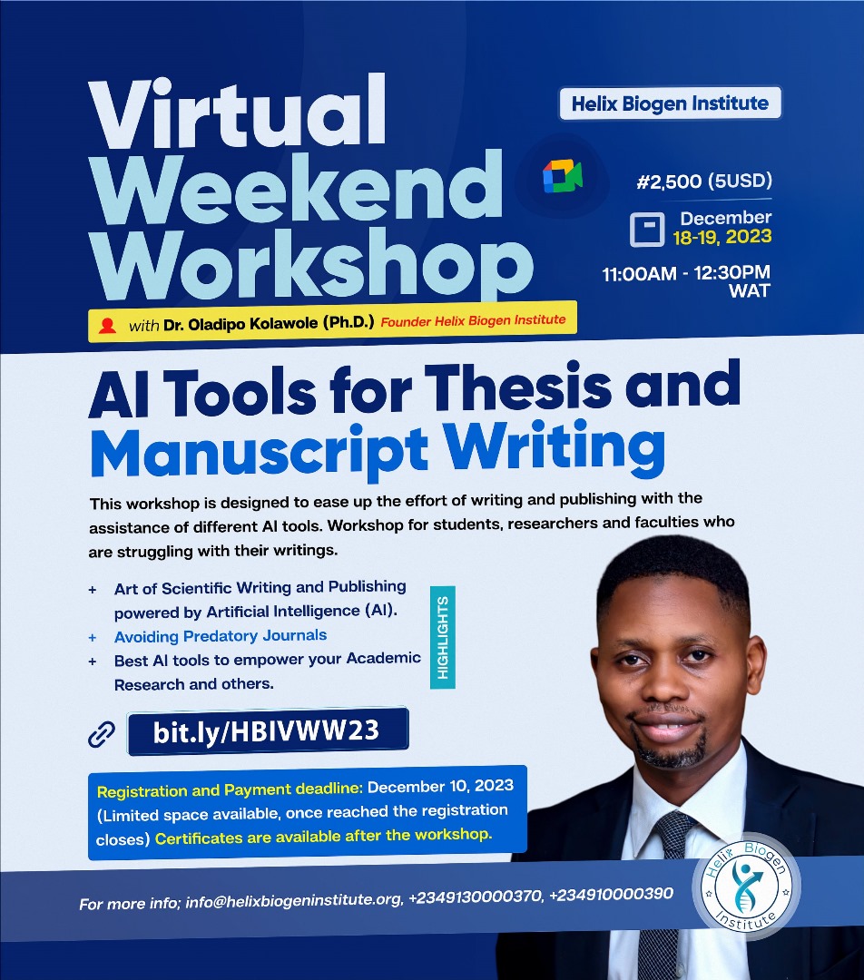 Unlock the future of academic writing with AI! Join our Virtual Workshop on AI Tools for Thesis and Manuscript Writing. Boost your research productivity and writing efficiency. 
Register now: bit.ly/HBIVWW23 

#AcademicWriting #AIWorkshop #Research