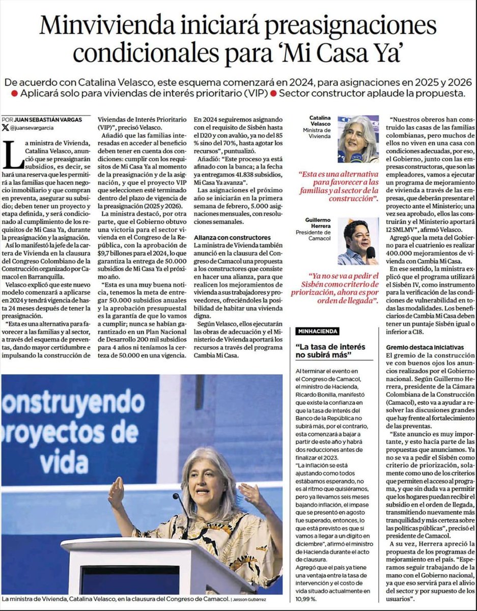 #MinviviendaEsNoticia | "La ministra <a href="/CATALINAVELASCO/">Catalina Velasco Campuzano, Ph.D.</a> anunció que se preasignarán subsidios a las familias que hacen el negocio inmobiliario, que compran en preventa, y que cuentan con todos los requisitos de #MiCasaYa."
Vía <a href="/elheraldoco/">EL HERALDO</a> elheraldo.co/economia/minvi…