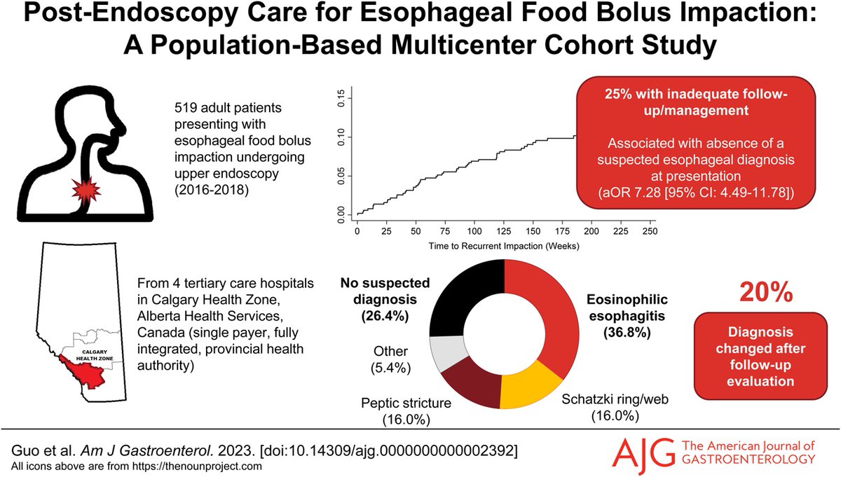 In the 📕#RedJournal: Postendoscopy Care for Patients Presenting With Esophageal Food Bolus Impaction: A Population-Based Multicenter Cohort Study Guo, et al. 👉 bit.ly/490WTQ5 @milliguptaMD @ChrisMa_YYC