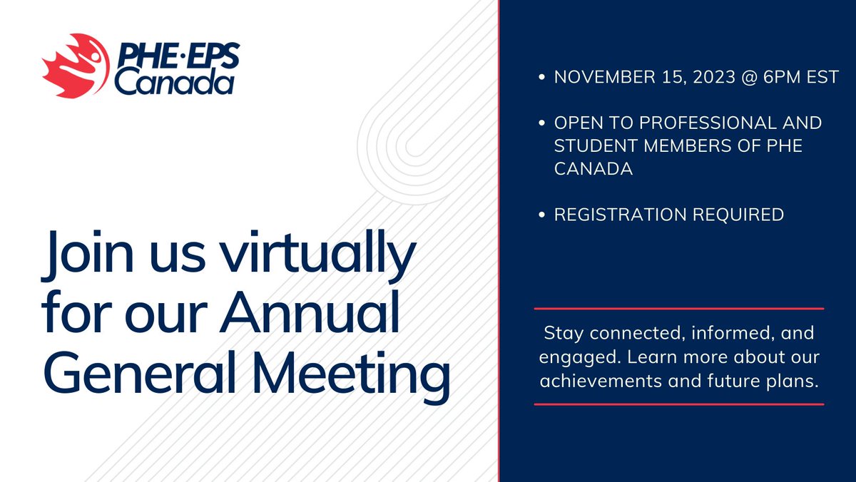 Voting Members of PHE Canada are invited to attend and take part in the virtual Annual Meeting of the General Assembly scheduled for Nov 15. Visit our website for more information!

➡️phecanada.ca/connecting/eve…