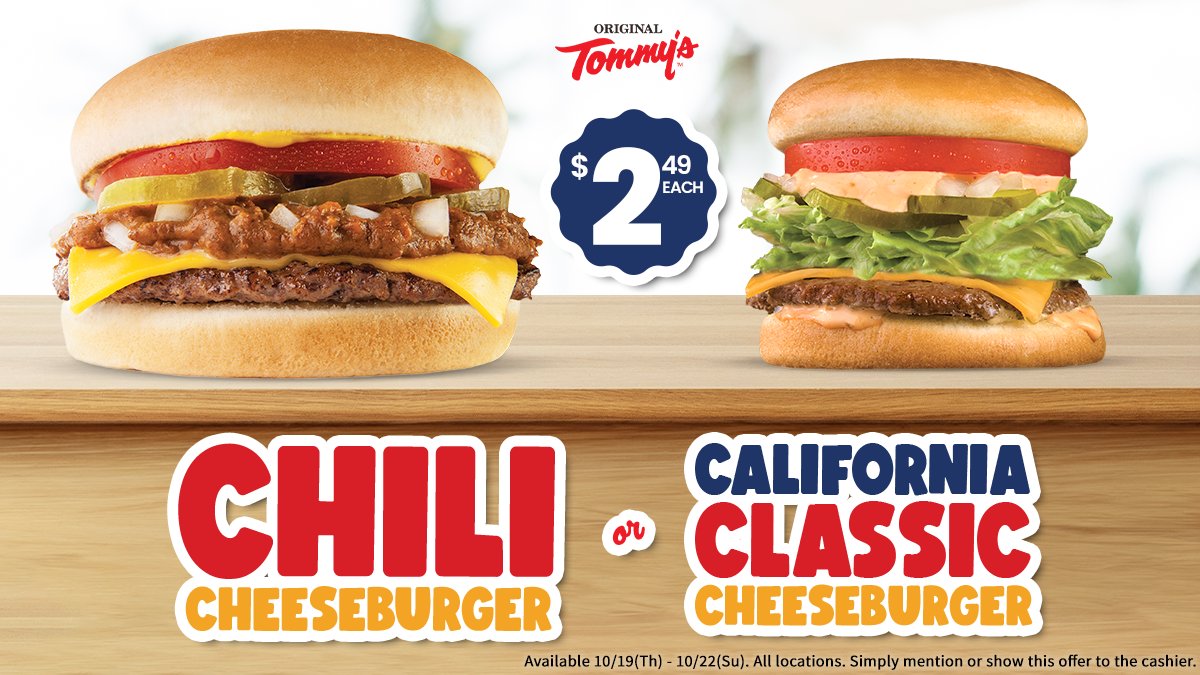 OriginalTommys's tweet photo. Enjoy our World-Famous Chili Cheeseburger OR CA Classic Cheeseburger for only $2.49 for a limited time! 10/19(Th) - 10/22(Su). Simply mention or show this offer to the cashier. #originaltommys #lafoodies #lafoodie #ocfoodies #ocfoodie #labites https://t.co/z6xgZSP5Q1
