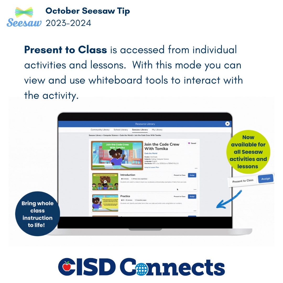 🎉In Seesaw there is now a “Present to Class” feature!  This allows teachers to present multimedia materials during whole class instruction and guided practice for an engaging and interactive experience using all the great tools in Seesaw! <a href="/Seesaw/">Seesaw</a> #learning #studentengagement