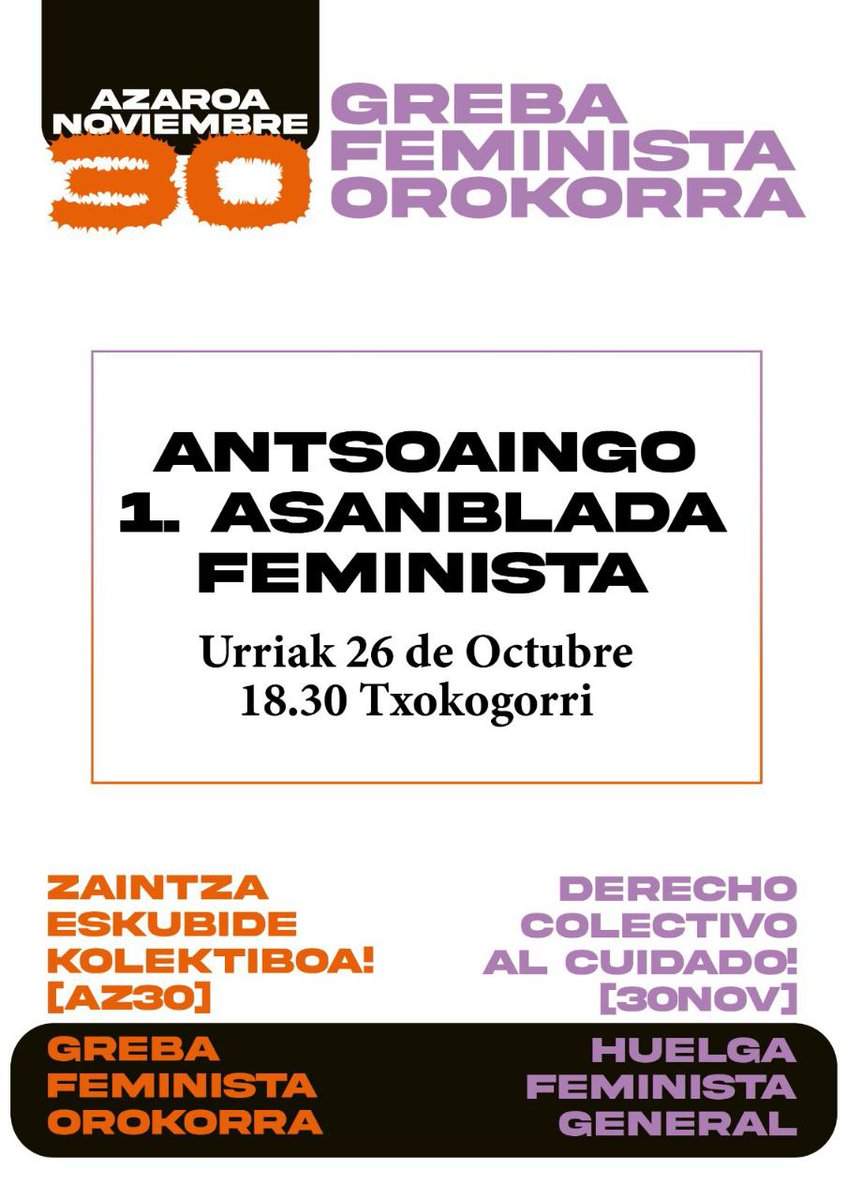 <a href="/AhotsaInfo/">Ahotsa.info</a> <a href="/SOSracismoNafar/">SOS Racismo Nafarroa</a> <a href="/TrabajadorasNaf/">THYCNA</a> <a href="/Zabaldi/">Zabaldi</a> <a href="/haritu_sarea/">hARITU Elkarlaguntza Sarea / Red de Apoyo Mutuo</a> <a href="/betaldea/">GOLDATZ Berako talde feminista</a> <a href="/FeministakEgues/">Eguesibarko Feministak-Feministas de Egües</a> <a href="/GereziLilak/">Gerezi Lilak - Etxauribarko Asanblada Feminista</a> <a href="/etxaldemakumeak/">Etxaldeko emakumeak</a> <a href="/RTXEmakumeak/">Errotxapeako Talde Feminista</a> <a href="/EIrunberri/">ERNAI IRUNBERRI</a> <a href="/erikaherrigunea/">ERIKA Irunberriko Herrigunea</a> ANTSOAIN

Asanblada / Asamblea

📅 Urriak 26 de octubre
⏰ 18:30
📍 Txokogorri