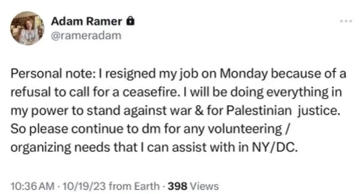 ryangrim's tweet photo. "...and he is a passionate voice for human rights for Palestinians. I will continue to call for protecting civilian life, humanitarian aid, and living up to the standards of the Geneva convention." 

Ramer himself posted: https://t.co/KKhzxY3Spa