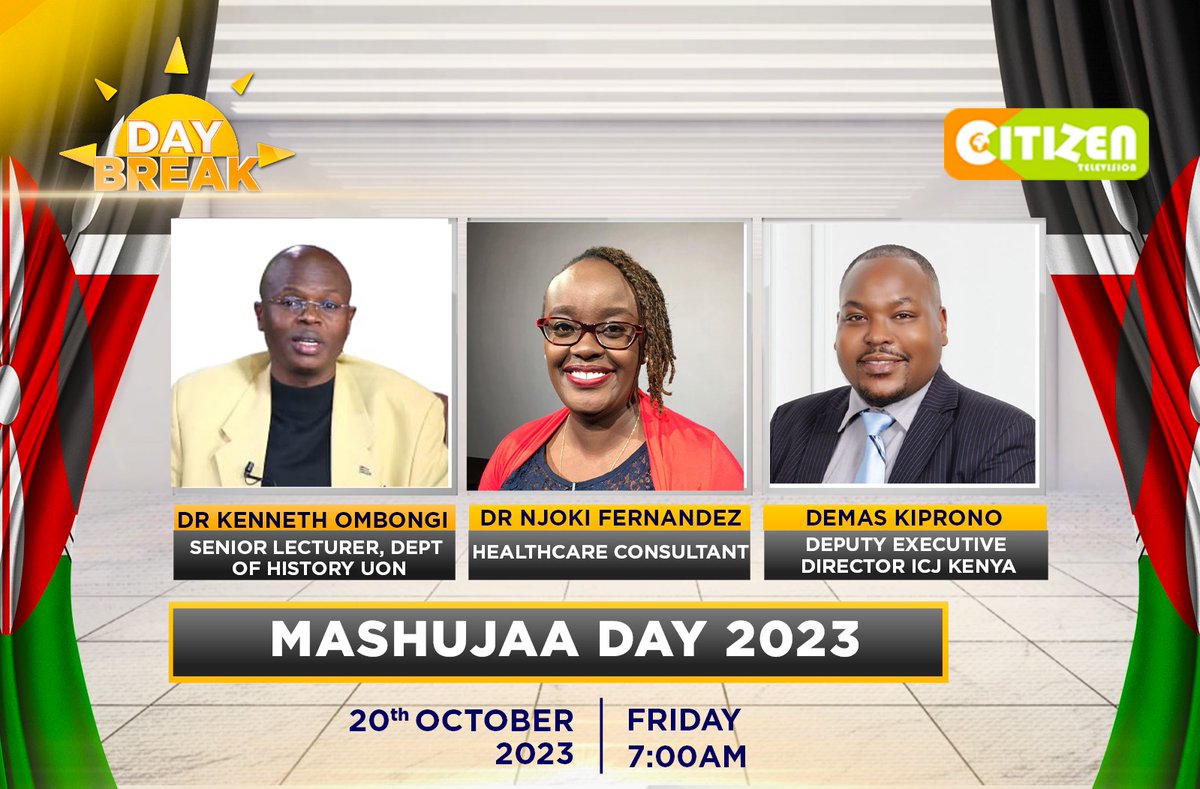 I will be on CITIZEN TV tomorrow morning, 20th October, 2023 Mashujaa Day, taking stock of what we have achieved in 60 years of Kenya's Postcolony. @AyubAbdikadir @citizentvkenya @uonbi @johnorindi