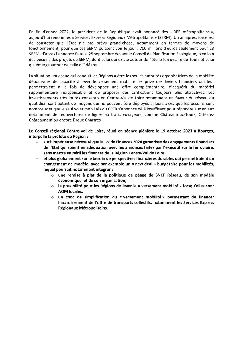 🚈 Nous avons, avec le groupe <a href="/Elus_EetS_RCVL/">Groupe des élus «Ecologie et Solidarité», RCVL</a> fait voter un vœu demandant à l'État des engagements financiers pour le développement du service public ferroviaire dans notre Région ! 👇