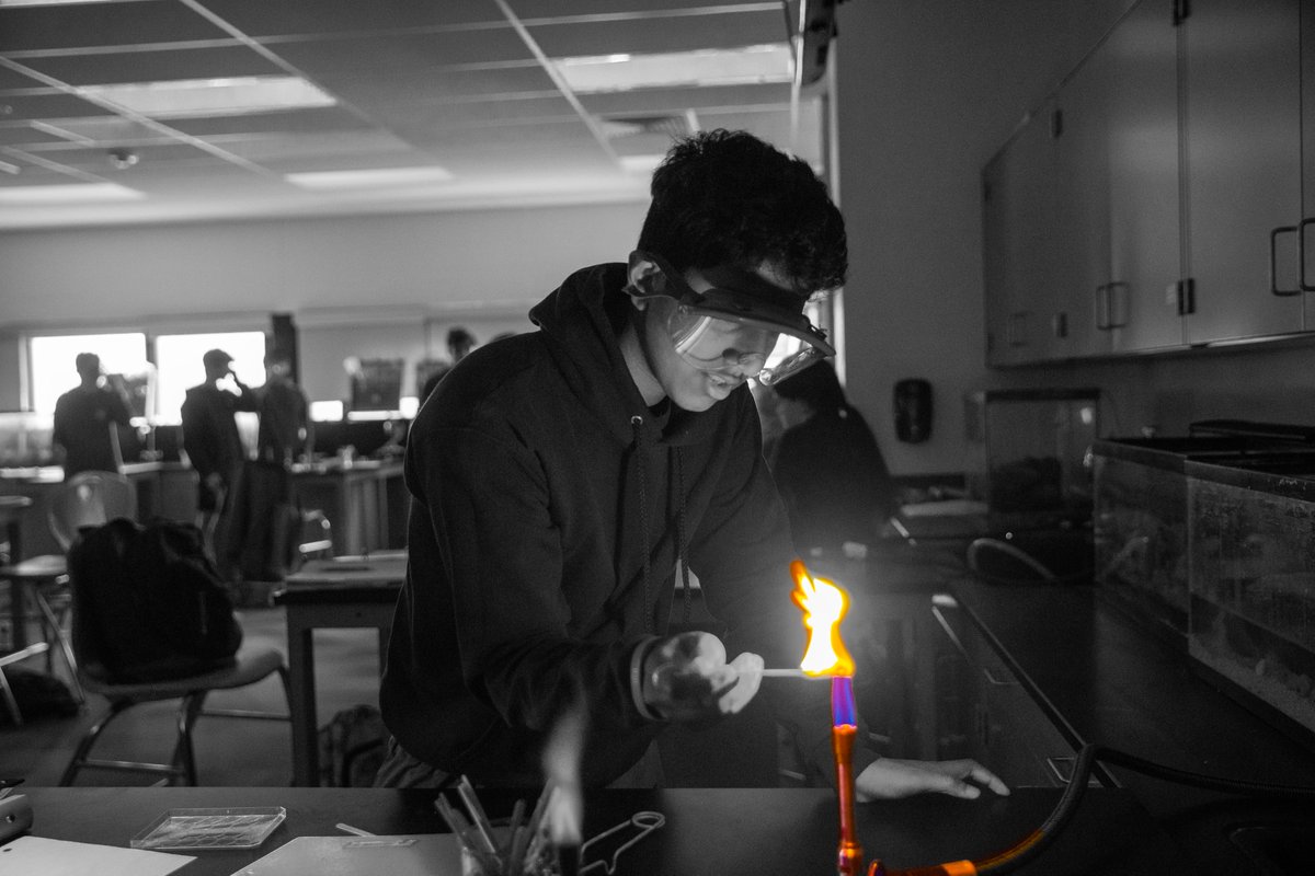 Randolph High School Chemistry students completed a flame test where students used salts to create various colors of fire. The activity helps students learn about differences between types of matter at the subatomic level as well as the energy needed to cause a reaction.