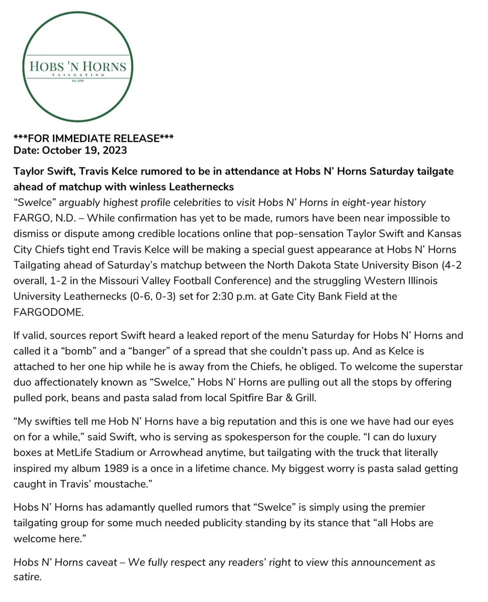 HobsnHorns's tweet photo. FOR IMMEDIATE RELEASE: Could it be true? “Swelce” to attend #HobsNHorns tailgate Saturday? #Bison #NDSU #FCS https://t.co/lo7Rse91mb