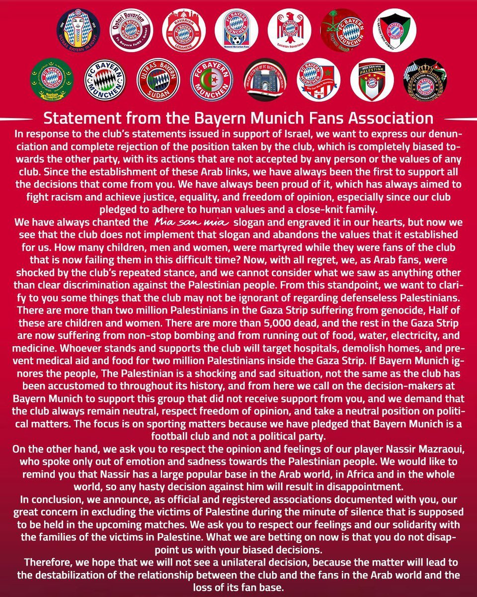 Oświadczenie fanklubów Bayernu z kilkunastu arabskich krajów w sprawie ostatnich wydarzeń związanych z Noussairem Mazraouim.

via <a href="/fcbayern_2/">شبكة بايرن ميونخ</a>