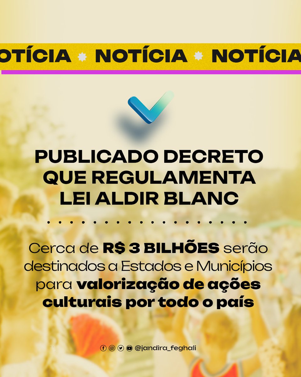 ALDIR BLANC REGULAMENTADA! O presidente Lula assinou hoje o Decreto que regulamenta os repasses federais da Política Nacional Aldir Blanc. Serão disponibilizados, até 2027, R$ 3 bilhões anualmente aos estados, municípios e ao Distrito Federal. Agora, cada estado e cidade deve