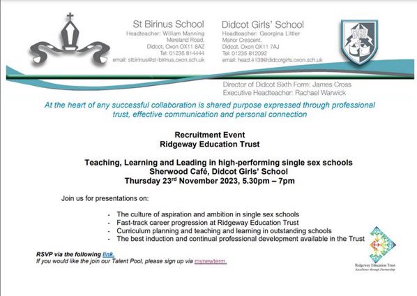 If you’re interested in starting or progressing your career in one of our high performing secondary schools, please come along to our recruitment event on 23rd November. 👇🏻