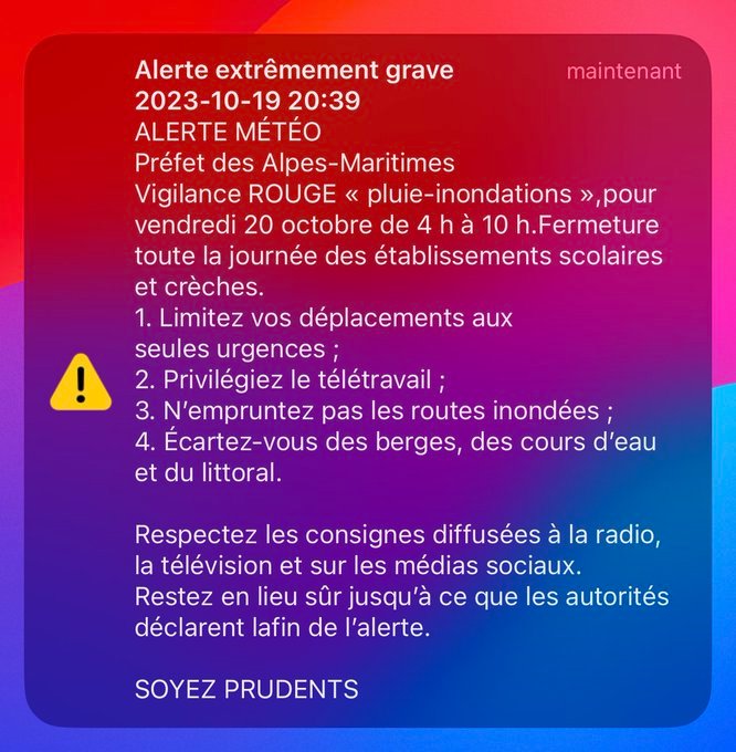 🔴⚠️🌧️🌊 Le dispositif FR-ALERT déclenché dans les Alpes-Maritimes

#FRAlert #AlpesMaritimes #vigilanceRouge #Pluie #Inondation #Nice06 #Meteo06 #AlerteMétéo