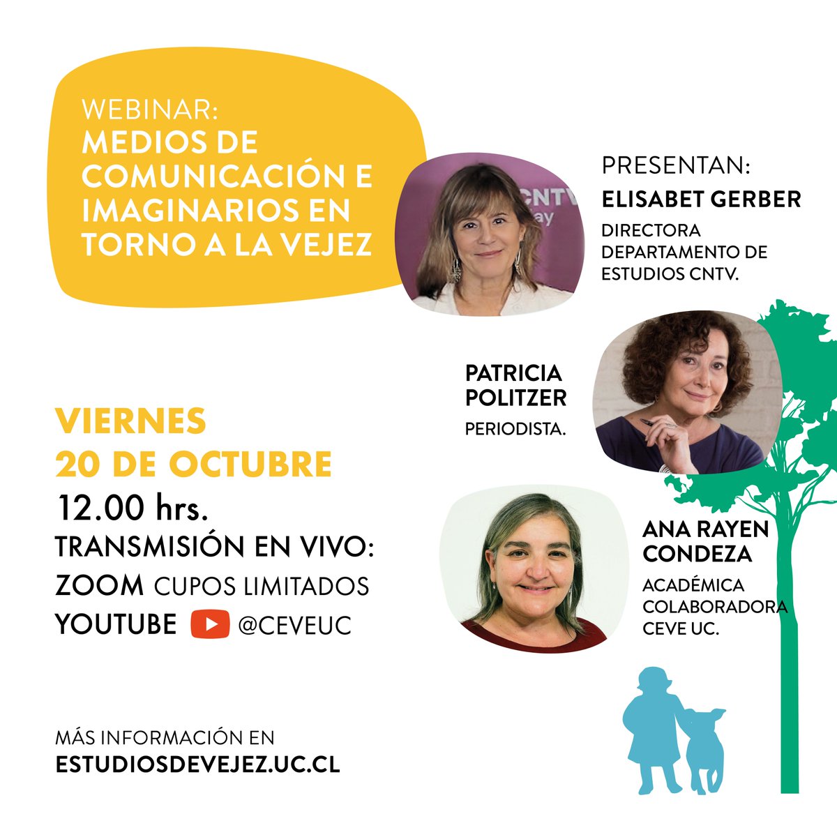 centrovejezUC's tweet photo. 📺¡Mañana cerramos la Semana Gerontológica CEVE UC 2023!

Conversaremos sobre medios de comunicación e imaginarios en torno a la vejez con la periodista @patriciapolitz, también será parte del panel @betgerber del @CNTVChile y Rayén Condeza de la @fcomuc.

https://t.co/SqKLVPIIfm https://t.co/zqDYBF0yQA