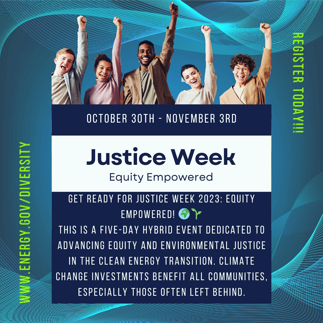 Who's coming?! 

Discover how the @ENERGY is advancing equity and environmental justice in the clean energy transition. Let's ensure climate change investments leave no one behind. 💪✨

👉 Oct 30th - Nov 3rd 
Register : energy.gov/diversity

#JusticeWeek2023 #EquityEmpowered