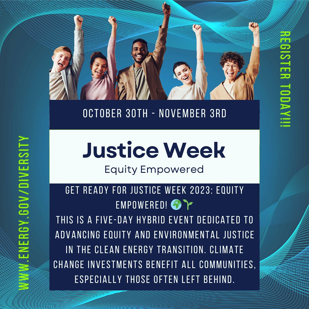 Who's coming?! 

Discover how the <a href="/ENERGY/">U.S. Department of Energy</a> is advancing equity and environmental justice in the clean energy transition. Let's ensure climate change investments leave no one behind. 💪✨

👉 Oct 30th - Nov 3rd 
Register : energy.gov/diversity

#JusticeWeek2023 #EquityEmpowered