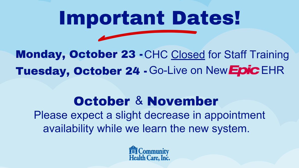 On October 24, CHC will be moving to a new best-in-class Electronic Health Record (EHR), Epic. This move will allow us to provide you with a better patient experience!

Stay tuned to social media and chcqca.org for more updates on this exciting change!