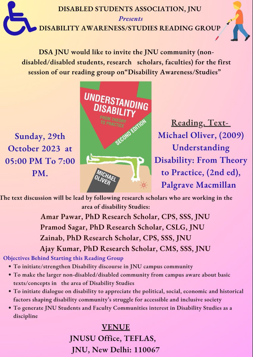 dsajnu_22's tweet photo. #ImpAnnouncement
🧵 #ThreadonNewReadingGroup
Image Description of poster event is written in thread. Kindly scroll.
DISABLED STUDENTS ASSOCIATION, JNU
Presents
DISABILITY AWARENESS/STUDIES READING GROUP
#DisabilityStudies
#DisabilityTwitter
#NothingAboutUsWithoutUs https://t.co/93vpRec9Dt