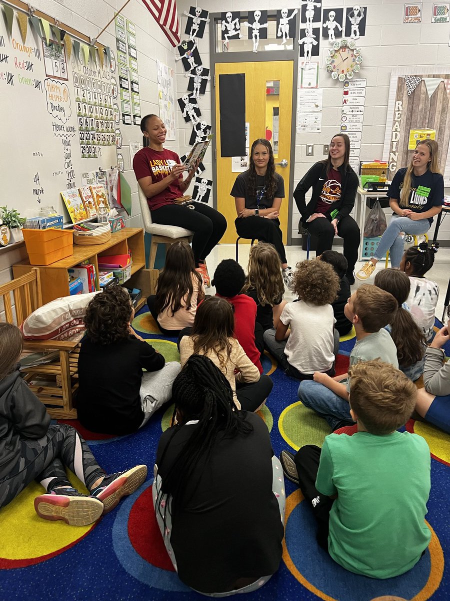 Some of our Emmanuel Lady Lions Basketball Team reading to an elementary class today in Elberton Ga. This class is taught by Jazmin Allen one of last years Lady Lions graduates in the School of Education and an All Conference Player.