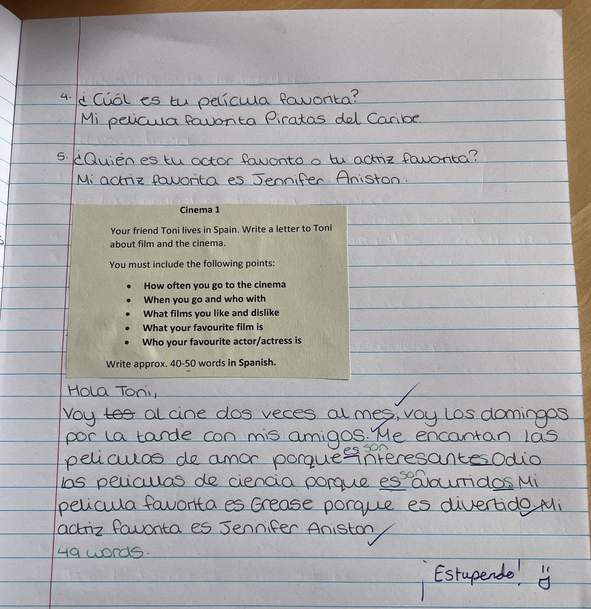 Year 9 have been writing about the world of cinema in Spanish. Look at this fantastic piece of writing! ✏️🎥🇪🇸