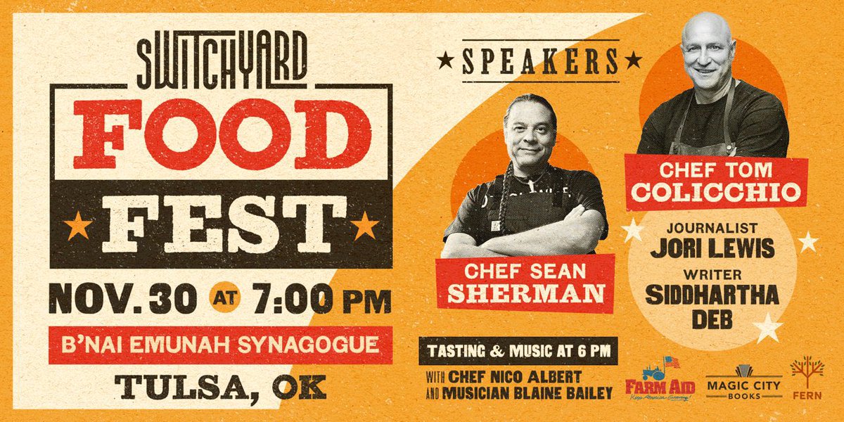 Super excited to bring @tomcolicchio, @the_sioux_chef, @jorilewis, and @debhartha to town in partnership with @SwitchyardTulsa for this can’t-miss FOOD FEST 11/30. Tix on sale now. Includes tasty treats. eventbrite.com/e/switchyard-f…