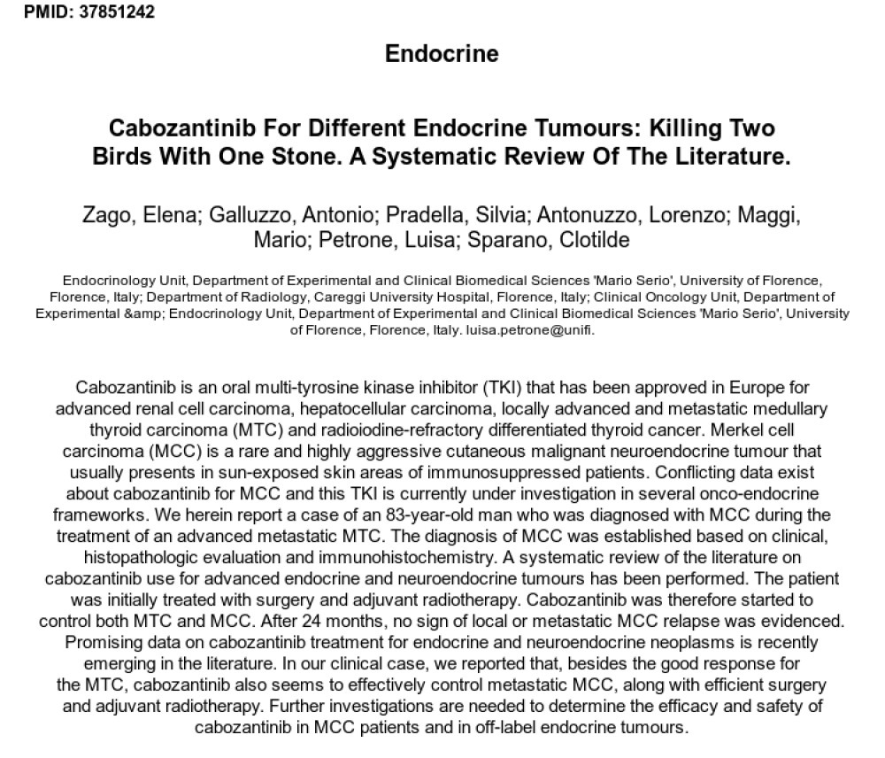KidneyCancerBot's tweet photo. #18Oct2023

📢 Breaking news! 📚🚨

New paper by Zago, E et al. in Endocrine (https://t.co/RwdgLK7NeQ)

Title: Cabozantinib for different endocrine tumours: killing two birds with one stone. A systematic review of the literature.

PMID: 37851242 &amp; Pubmed link: … https://t.co/1em8ZDProY