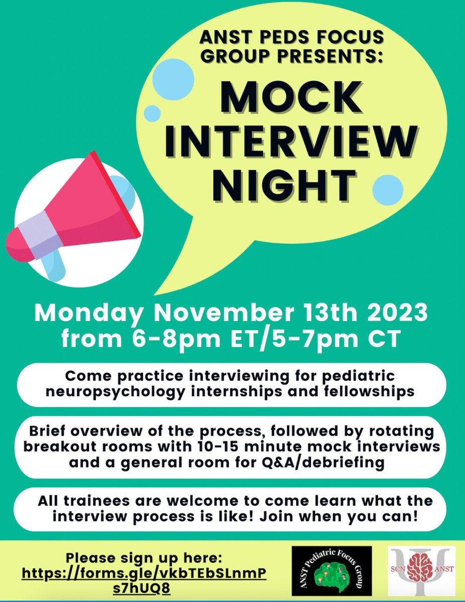 AnstPeds's tweet image. Applying for internship or fellowship with focus in peds neuropsych? 

Join us for interview practice (no evaluation involved) on Monday November 13 at 6 ET/5 CT

Sign up here: docs.google.com/forms/d/e/1FAI…