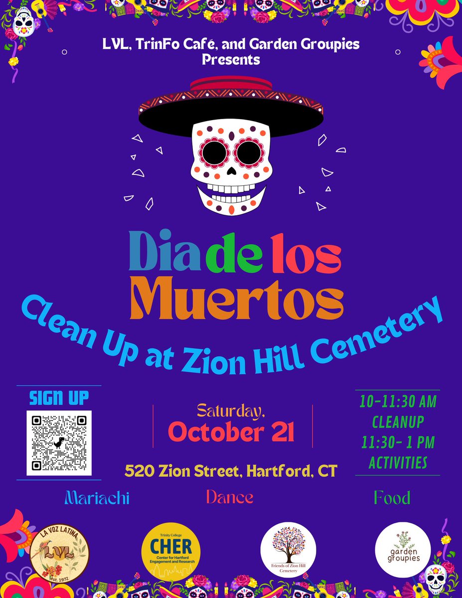 TrincollCHER's tweet photo. Please join us for a clean-up at Zion Hill Cemetery and a Dia de los Muertos celebration on Saturday, October 21st. There will be food, music, and activities. Link to sign up here! https://t.co/iB6WNR8ifj 💀🥳 https://t.co/mcYiukxaIF