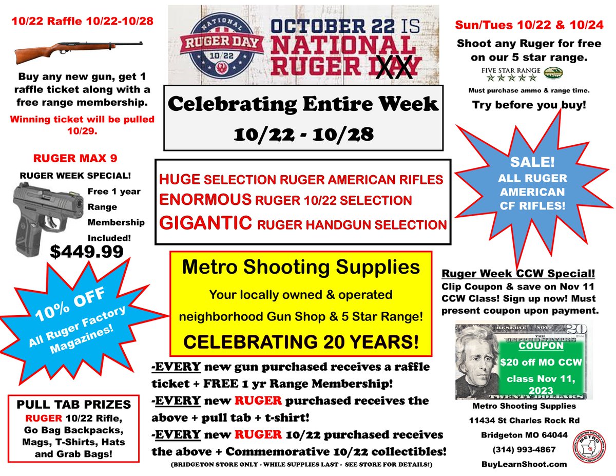 CELEBRATING RUGER 10/22 DAYS! METRO'S CELBRATION SALE RUNS 10/22-10/28! 2 WAYS TO WIN A RUGER 10/22 RIFLE! COME IN AND SAVE! #ruger #ruger1022 #rugeramerican #rugermagazines #raffle #rugerraffle #pulltabs #ruger1022days #sales #freerugerrentals #ccw #moccw #prizes #20years