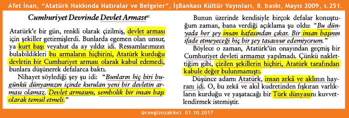 cengizozakinci's tweet photo. Atatürk: "Devlet armasını, sembolik bir insan başı olarak temsil etmeli," diyerek, devlet armasının "insan başı" biçminde olmasını istedi. (Akt: Afet İnan, "Hatıralar ve Belgeler", 8. bs., s.251) https://t.co/dj6W7mbJxl