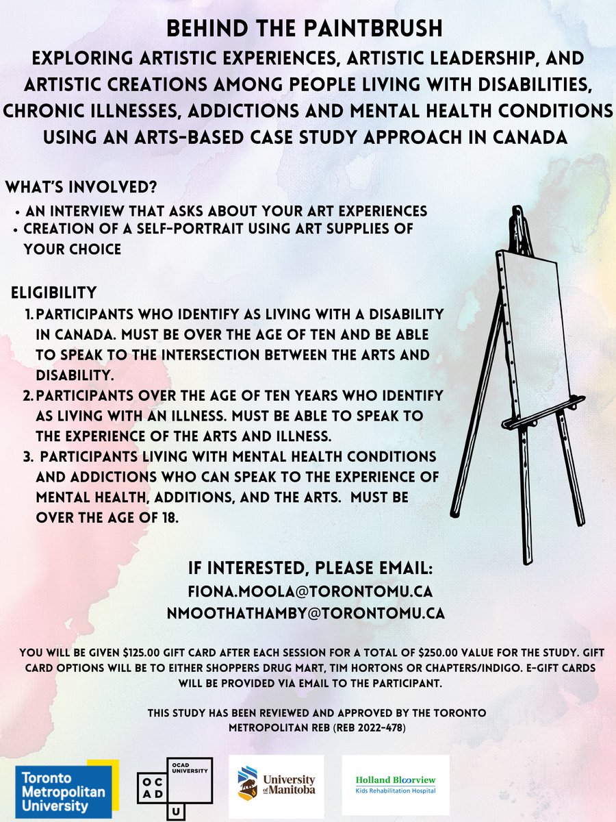 Community post: If you are disability identified and have experience with art, this research study is offering $125-250 gift cards for participation. If interested, please email fiona.moola@torontomu.ca and nmoothathamby@torontomu.ca