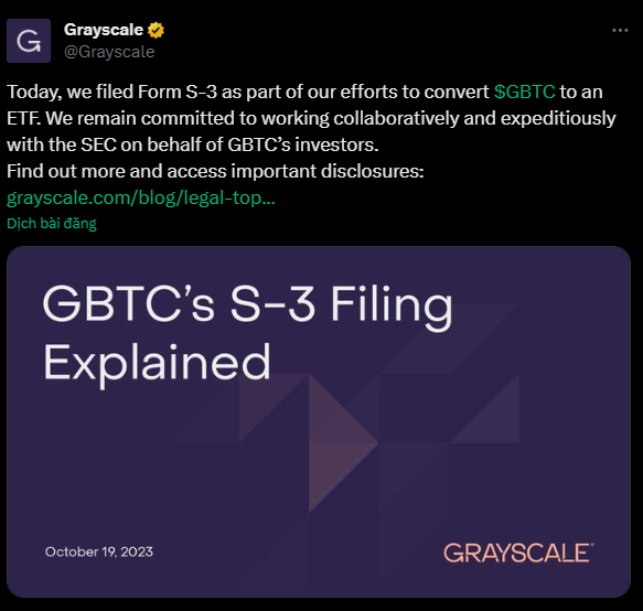 Professor8x's tweet photo. Grayscale tiếp tục thúc đẩy SEC phê duyệt Bitcoin ETF Spot

Ngày 19/10/2023, Grayscale, công ty quản lý đầu tư crypto, đã chính thức nộp đơn đăng ký mới tới Ủy ban Chứng khoán và Giao dịch Hoa Kỳ (SEC) với mục tiêu chuyển đổi Grayscale Bitcoin Trust (GBTC) của họ thành ETF Bitcoin spot.

Theo thông báo, Grayscale đã gửi hồ sơ S-3, phiên bản rút gọn của hồ sơ S-1 thông thường được sử dụng để chào bán cổ phiếu mới. Công ty xác định rằng họ đủ điều kiện sử dụng S-3 để nộp hồ sơ, vì cổ phiếu của họ đã được đăng ký kể từ tháng 01/2020 dưới Đạo luật Giao dịch Chứng khoán năm 1934 và đáp ứng các yêu cầu của mẫu đơn

Động thái này diễn ra trong bối cảnh SEC vừa “chùn bước” trong nỗ lực kháng cáo vụ kiện với Grayscale. Cụ thể họ dường như không dự kiến kháng cáo quyết định của tòa án về việc thực hiện quỹ giao dịch hợp đồng tương lai Bitcoin (ETF) của Grayscale.

Cụ thể, tòa án cho rằng SEC đã không có lập luận hợp lý để từ chối đề xuất của Grayscale. Thêm vào đó Grayscale đã cung cấp bằng chứng cụ thể về mối liên hệ giữa giá Bitcoin và giá hợp đồng tương lai BTC trên sàn CME, một chỉ số được SEC chấp thuận để dùng cho các quỹ Bitcoin ETF.

Vì vậy, Tòa án tuyên bố SEC sẽ phải xem xét kỹ lại đề xuất về Bitcoin ETF của Grayscale và bãi bỏ quyết định từ trước. Tuy nhiên, cần nhớ rằng phán quyết của Tòa án không đảm bảo rằng SEC sẽ phê duyệt việc chuyển đổi GBTC thành quỹ Bitcoin ETF của Grayscale.