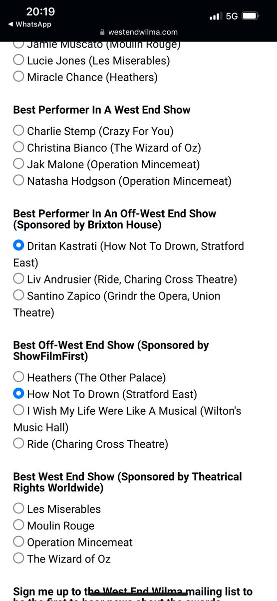 People of the Internet ,Please cast your Vote  , just as seen on these pictures .
. Thank you to <a href="/westendwilma/">West End Wilma</a> KU JAN SHQIPET E MIA . Votoni per pune Shqiptare , shum Faleminderit 

Vote here 

westendwilma.com/wilma-awards-s…

#theatre #awards #play #life