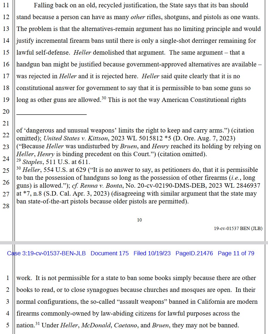 gunpolicy's tweet photo. "The problem is that the alternatives-remain argument has no limiting principle and would justify incremental firearm bans until there is only a single-shot derringer remaining for lawful self-defense. Heller demolished that argument." https://t.co/boSCHEKL4d