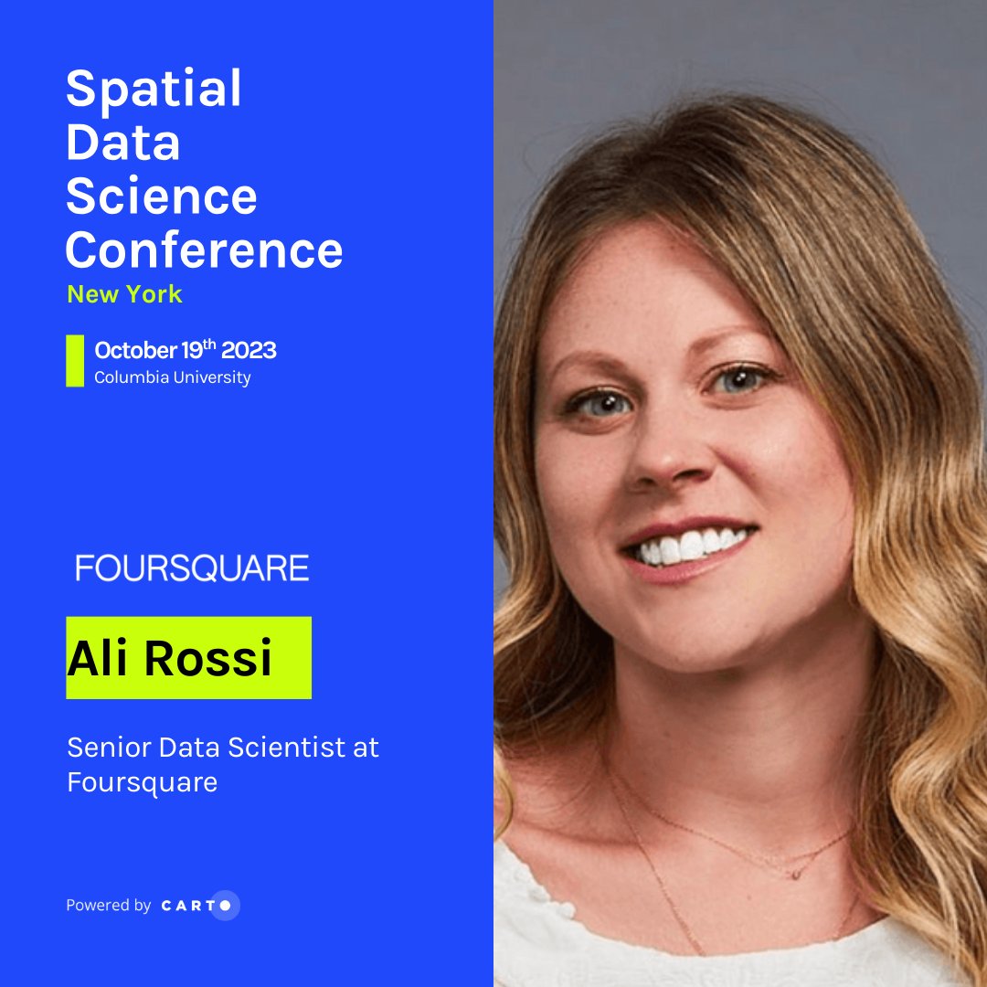 Foursquare's tweet photo. We're excited that Senior Data Scientist Ali Rossi will speak at the Spatial Data Science Conference in New York today! #SDSC23 will bring together Data Science, Advanced Analytics and geospatial experts from across the globe to discuss the latest trends & innovative use cases. https://t.co/WVGKCYWW04