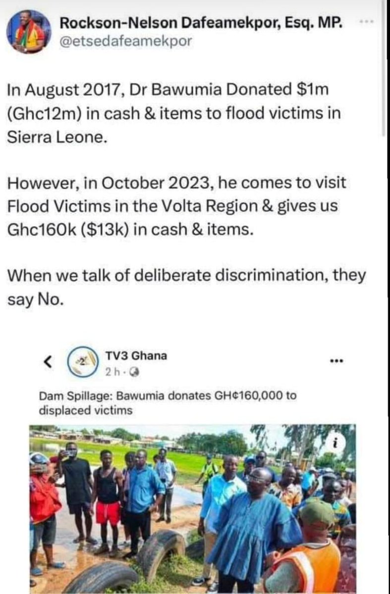 gboakogh's tweet photo. It is very disturbing to have an MP @etsedafeamekpor  put out this false news and propaganda.  The donation to the flood victims in the Volta region by Vice President @MBawumia  is a personal one. On the other hand, the donation to flood victims in Sierra Leone was on behalf of the government.  It is instructive to note that the government of President Akufo-Addo has made donations running into tens of millions of Ghanaian cedis to the affected persons and communities in the Volta region as a result of the recent flood.  Let's do politics devoid of needless propaganda.