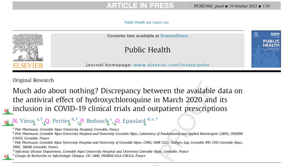 Après plusieurs soumissions infructueuses, notre papier sur l'absence d'argument pour inclure l'hydroxychloroquine dans les essais cliniques de la Covid-19 au printemps 2020 va sortir (bravo Noémie, et @PERRIERQuentin1  !).
En résumé : il n'y avait aucune légitimité à .../...