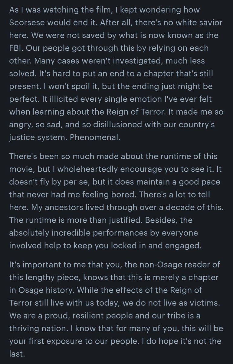 trythebuffer's tweet image. Last night, I got to see Killers of the Flower Moon a bit early. As an Osage myself, I wanted to share my thoughts in advance of its wide release this evening.

((@lily_gladstone is absolutely magnificent btw))