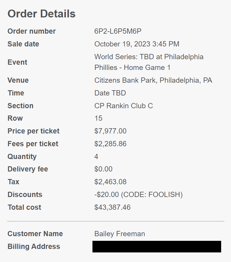 FoolishBB's tweet photo. Phillies fans think it's funny to buy cheap tickets to Chase Field with no intention of going. That's fine. I'm showing them how we do it in Braves country by creating four empty seats in Philly for the World Series! Take that, Phillosers! https://t.co/yHNAhQTClQ