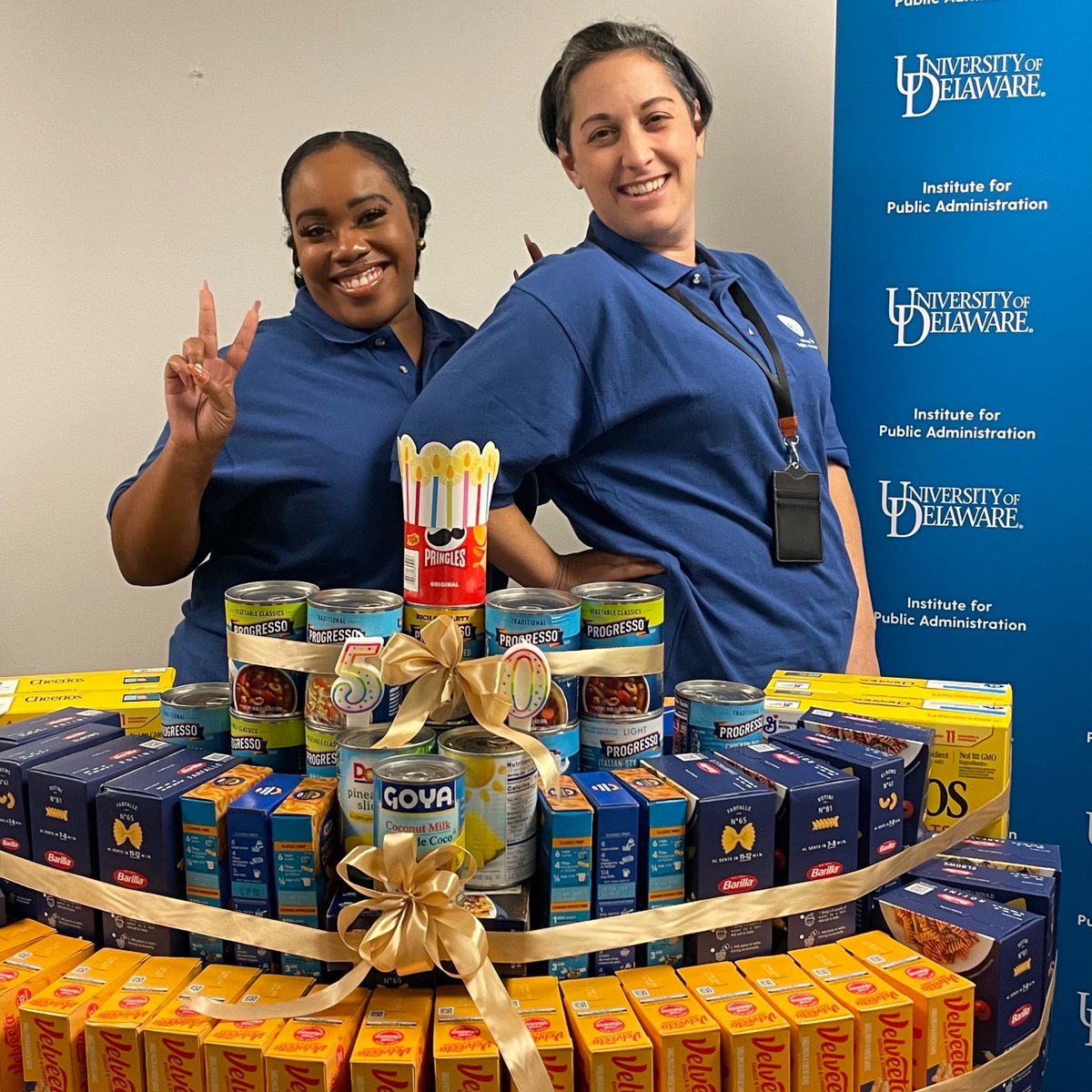 To commemorate the 50th Anniversary of @DelawareIPA, Biden School staff, faculty, & students hosted a food drive to benefit the @FoodBankofDE.  IPA staff built a “birthday cake” tower out of the non-perishable foods donated from the food drive. Thanks to everyone who donated!