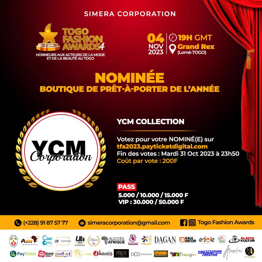 AwuteYves's tweet photo. Chers passionnés de la mode, Je suis très heureux de vous annoncer que Nous "votre boutique YCM CORPORATION" sommes nominé aux Togo Fashion Awards dans la catégorie « BOUTIQUE DE PRÊT-À-PORTER DE L'ANNÉE»
Et tout cela c'est grâce à vous
 Alors allez voter massivement pour nous! https://t.co/TCxNL7MX20