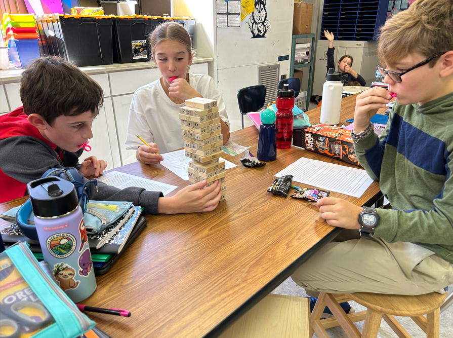 Mr. Shorter's class reviewed sentence structure with Jenga blocks. They had a lot of success reviewing but also a lot of falling towers!