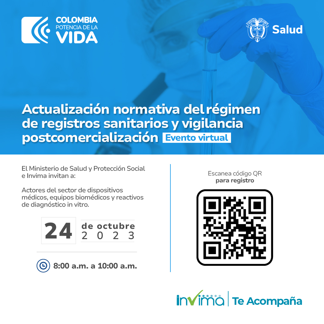 Si perteneces al sector de dispositivos médicos, equipos biomédicos y reactivos de diagnóstico in vitro, agéndate para participar este 24 de octubre en el evento virtual.

Para registrarte, escanea el código QR.

#InvimaTeAcompaña.