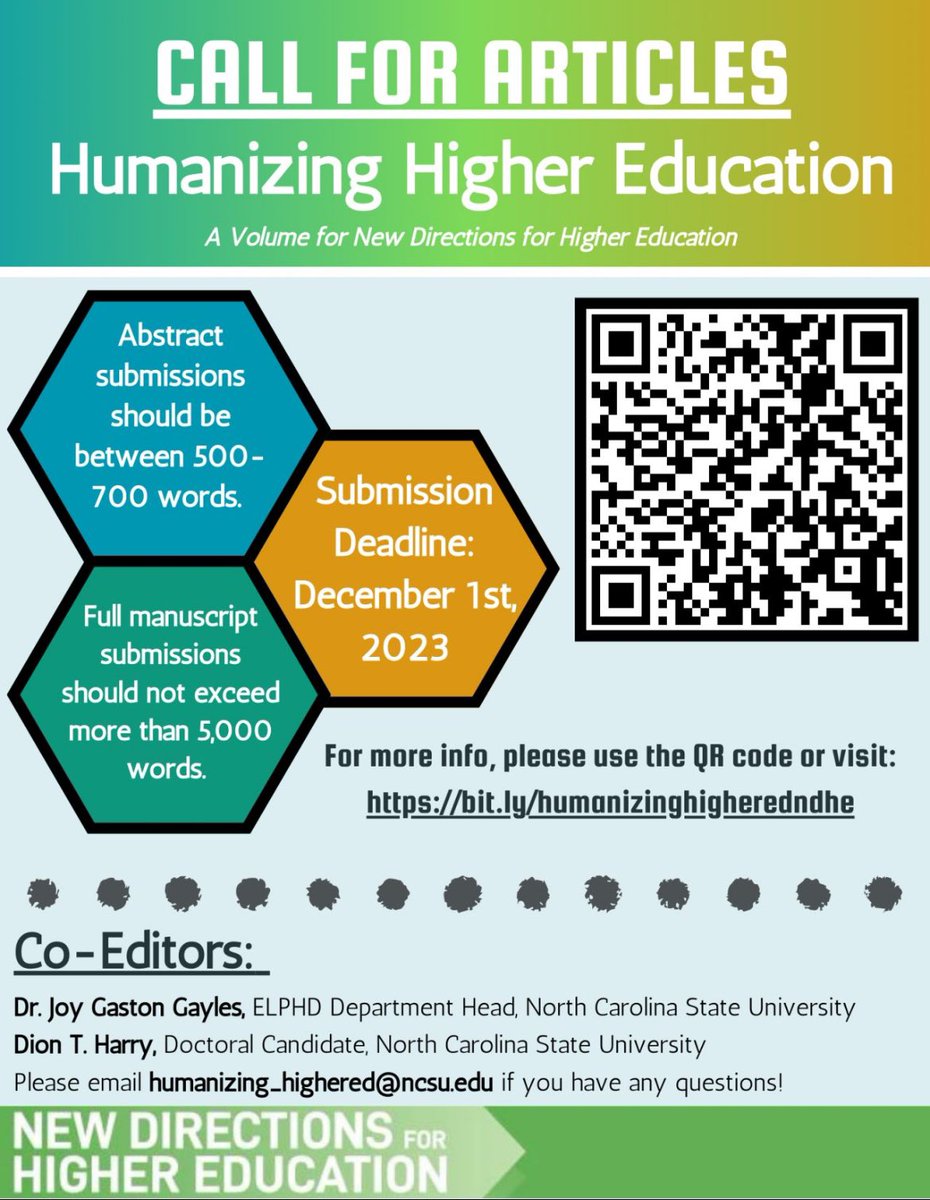 Uncle Dion, PhD (@dionharry_) on Twitter photo CALL FOR ARTICLES! ✨
<a href="/JoyGayles/">Joy Gaston Gayles (she/her)</a> & I are excited to be Co-Editors for a new volume in New Directions for Higher Education!
If you're interested in submitting or want to learn more, please visit bit.ly/humanizinghigh…! CALL FOR ARTICLES! ✨
<a href="/JoyGayles/">Joy Gaston Gayles (she/her)</a> & I are excited to be Co-Editors for a new volume in New Directions for Higher Education!
If you're interested in submitting or want to learn more, please visit bit.ly/humanizinghigh…!