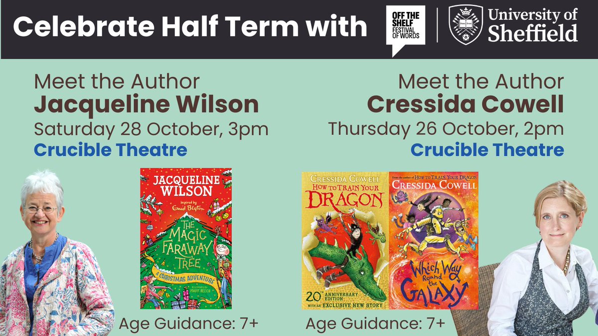 otsfestival's tweet photo. Celebrate #HalfTerm with fabulous children's literature authors at #OTSfest!
🔹
#HowToTrainYourDragon creator Cressida Cowell
Tickets/info: https://t.co/IhMQoVZyYI
🔹
#HettyFeather & #TracyBeaker creator Jacqueline Wilson
Tickets/info: https://t.co/j8NZVVjbc5
🔹
#SheffieldIsSuper https://t.co/V7TNipwrG3