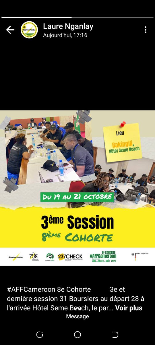Début de la dernière session des boursiers #AFFCameroon cohorte 8 à limbe. Relever nos difficultés à été le premier exercice de ce matin
<a href="/DefyhatenowWCA/">#defyhatenow West & Central Africa</a> 
<a href="/237check/">@237CHECK</a> 
<a href="/civic_watch/">Civic Watch</a>