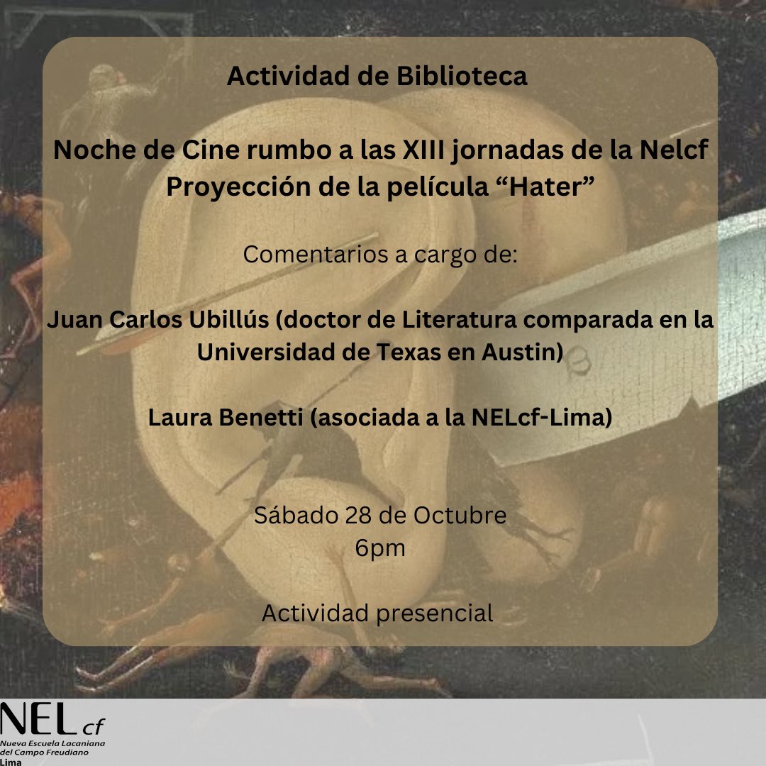 Lima_NEL's tweet photo. 📣Actividad de Biblioteca

📽️Noche de Cine rumbo a las XIII Jornadas de la NELcf 
Proyección de la película “Hater”

Sábado 28 
6pm
¡Los esperamos! https://t.co/kNAH2bxrRD