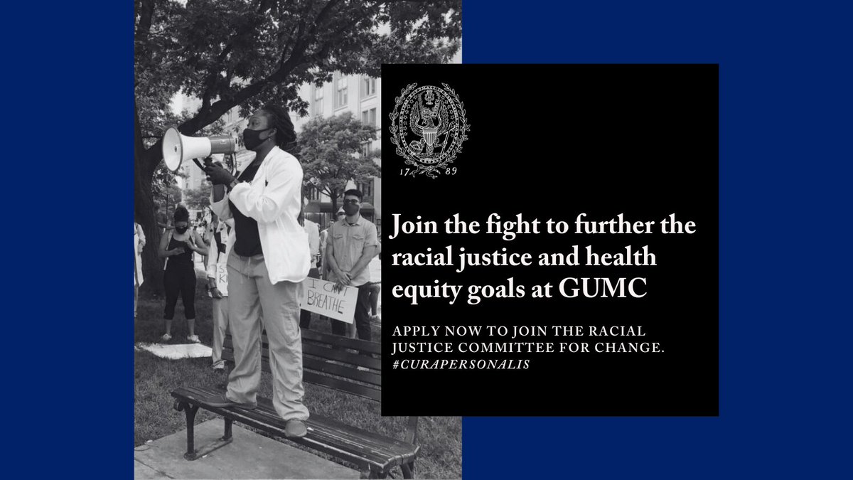 Together, we can create institutional and societal change and further the racial justice and health equity goals at GUMC. Join other students, staff, and faculty as a member of the GUMC Racial Justice Committee for Change. Apply by Nov. 21: bit.ly/3S2fchK #curapersonalis