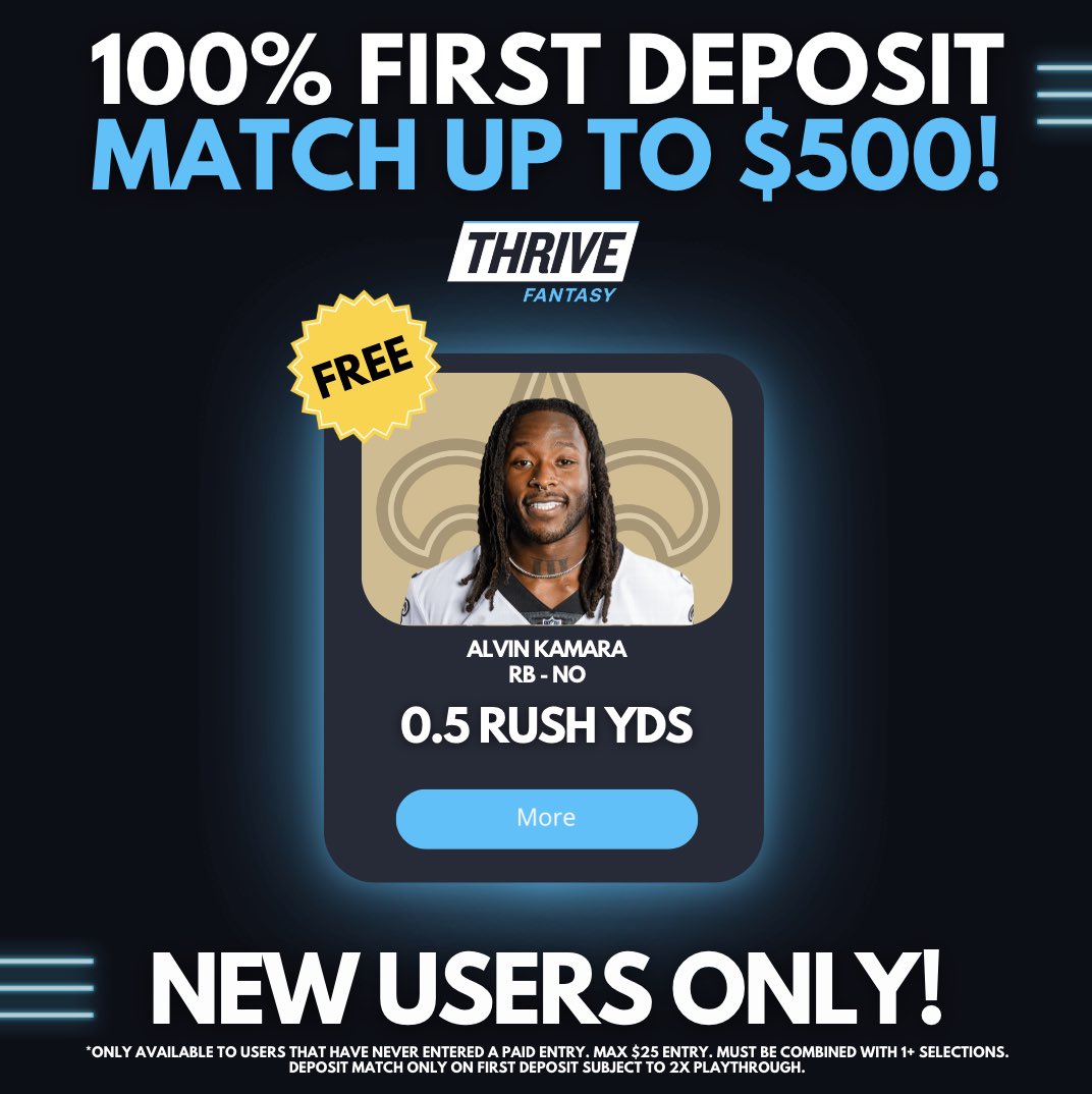 hotshotfantasy's tweet photo. Here is what we are running for #Proptober on @ThriveFantasy! New Users get an Alvin Kamara free square as well! Make sure to sign up with our code HOTSHOT for a 100% match bonus up to $500! #ThriveFantasy #DFS #NFL #GamblingTwitter #GamblingX #BrandedFeatures https://t.co/Uq3BpetMEY