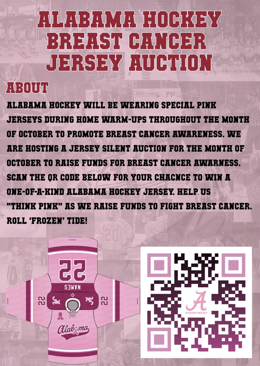 Alabama Hockey is hosting a jersey silent auction to raise funds for to fight breast cancer! Secure your one-of-a-kind jersey below👇

32auctions.com/BamaHockeyBCAJ…